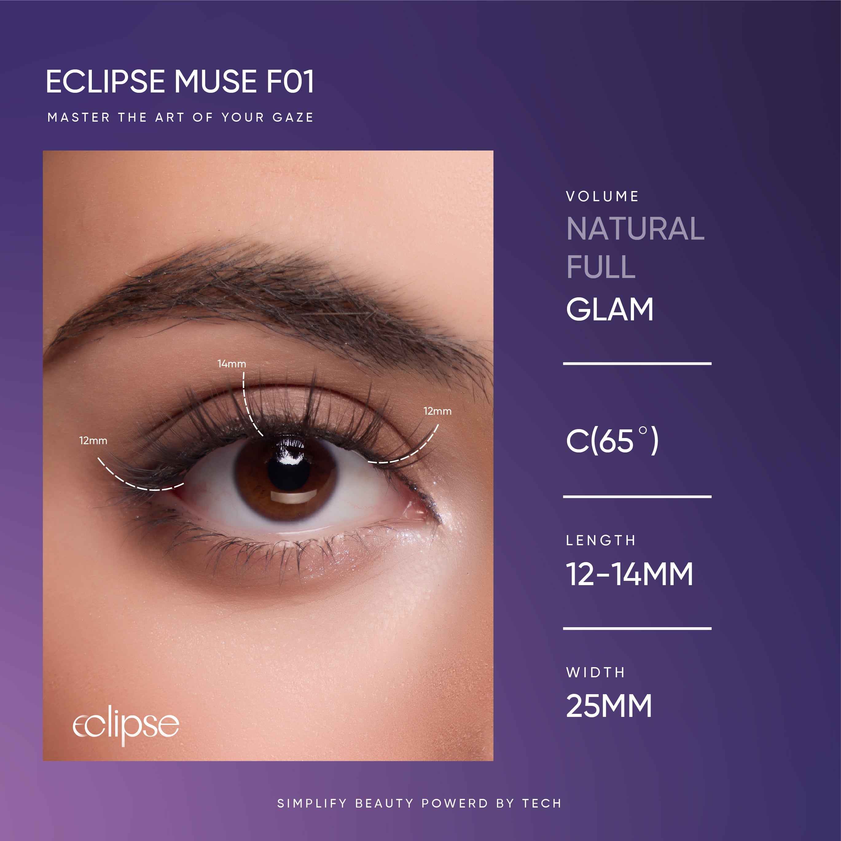 Eclipse Muse F01 eyelash product packaging with an eye close-up and specifications on a purple background.