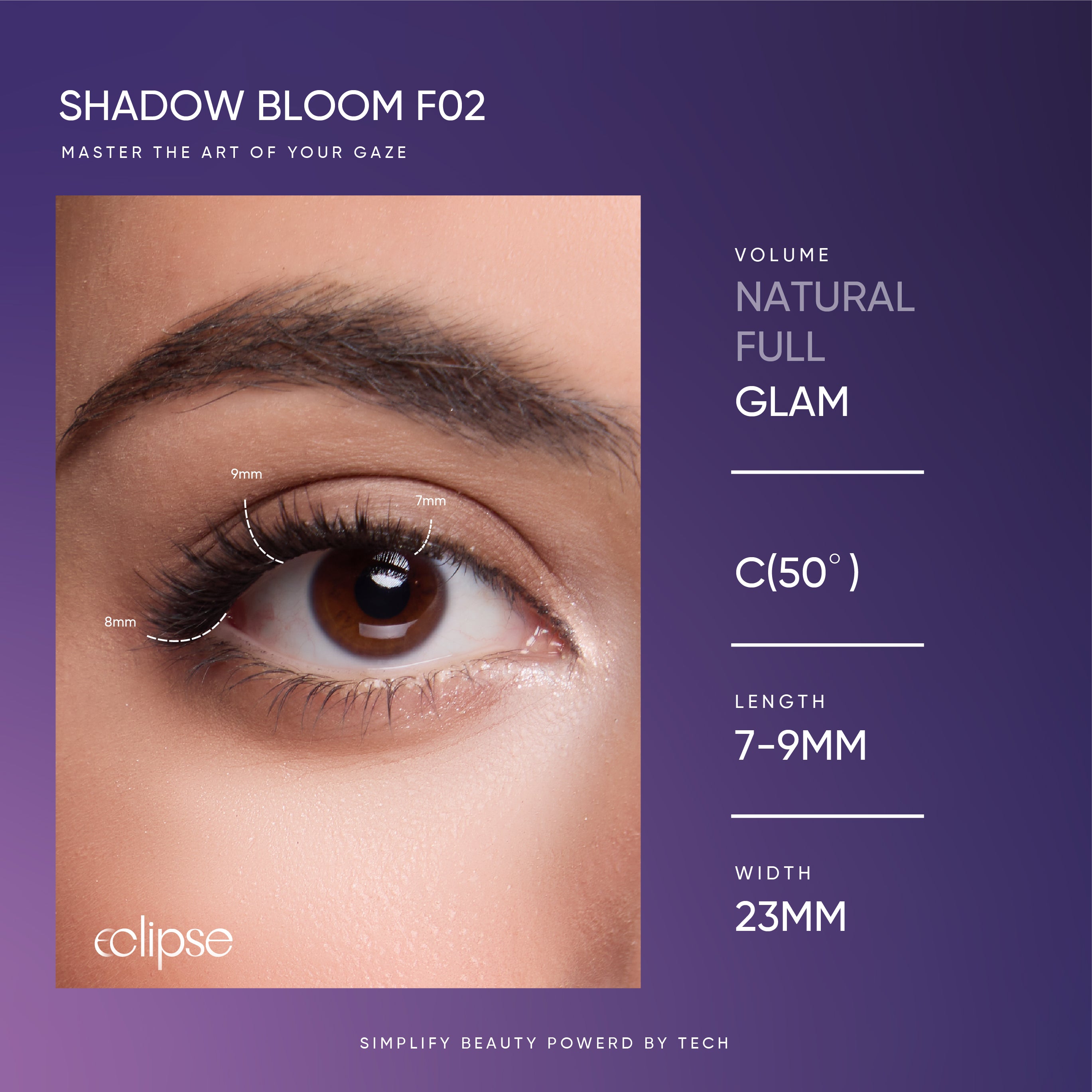 Eclipse eyelash product packaging with an eye close-up and product details on a purple background